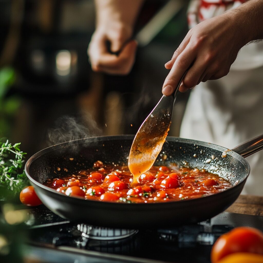sauce tomate qui mijote sur le feu